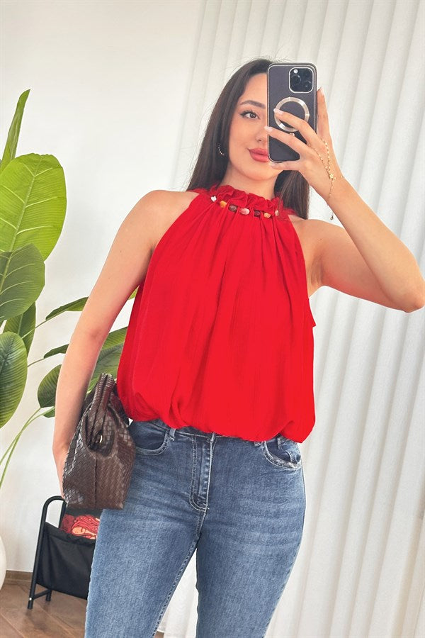 Bluză Roșu Balon cu Guler Margele Marfă