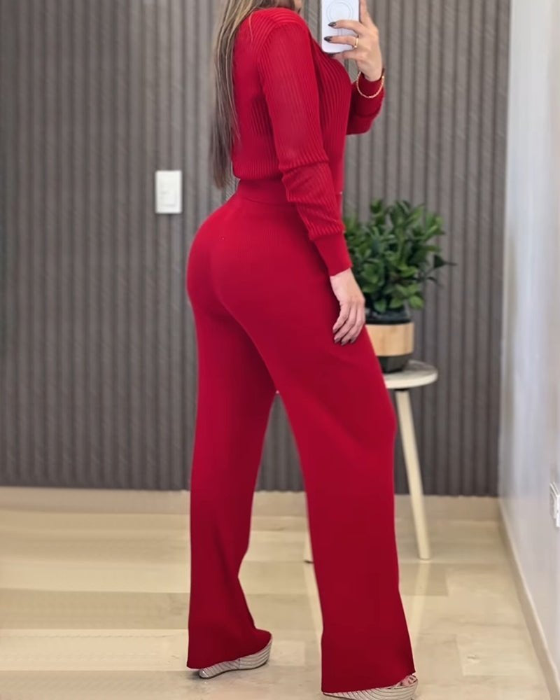 Set de două piese pentru femei, bluză și pantaloni tricotați, cu mânecă lungă, guler rotund și detalii transparente, 31662