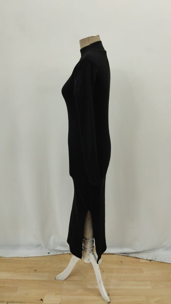Rochie maxi pentru femei, cu mânecă lungă, guler înalt și crăpături laterale, 32075