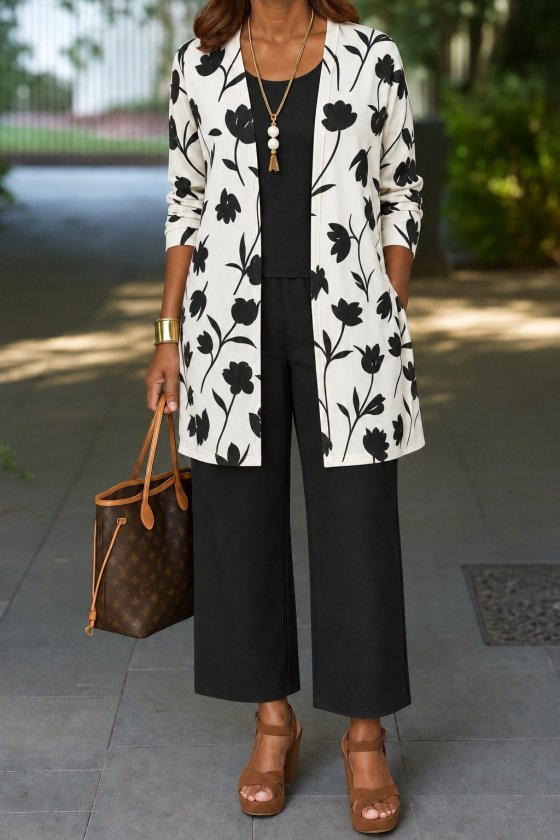 Women's Long-Sleeved Open-Front Modal Jacket, Sleeveless Viscose Two-Thread Blouse, and Pants Three-Piece Set, 38885
