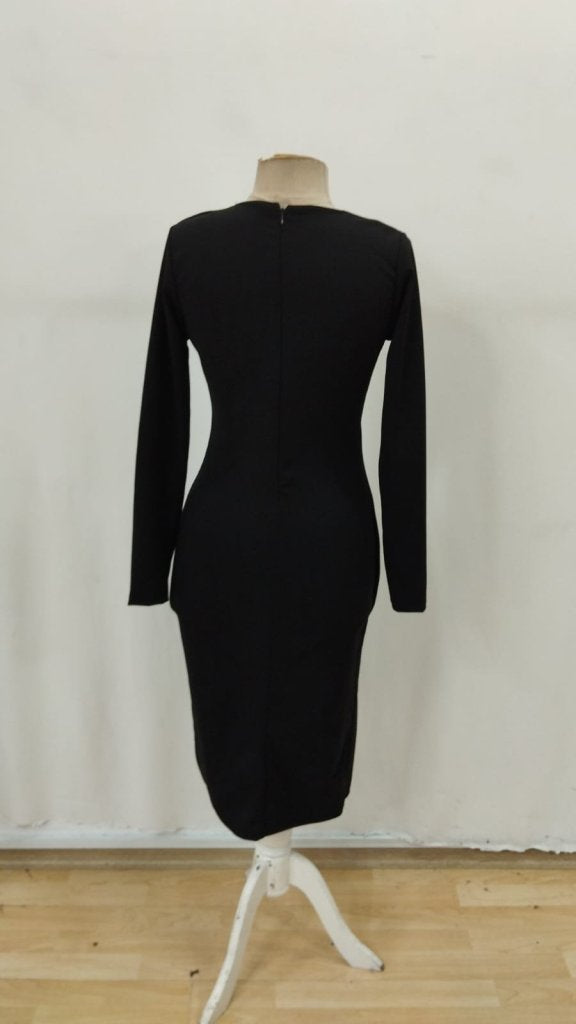 Rochie midi importată din crep, cu mânecă lungă, cu nasturi laterali și guler în V, 30713