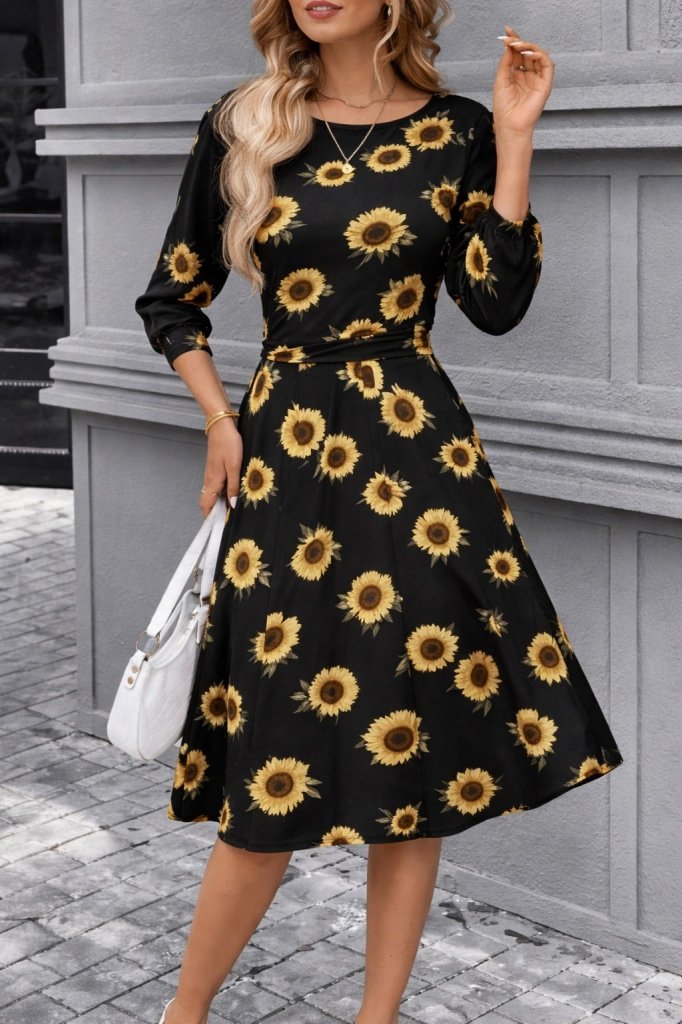 Rochie midi micro cu mânecă scurtă și guler rotund pentru femei, 31181
