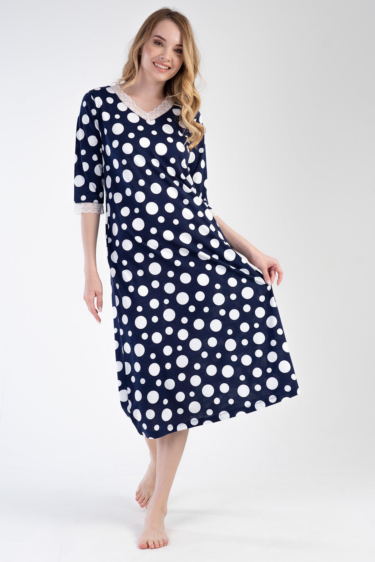 ROCHIE DE DAMĂ CU DECOLTEU ÎN V, MÂNECĂ 3/4, BUZUNARE, MODEL ÎN P.MODAL - INDIGO