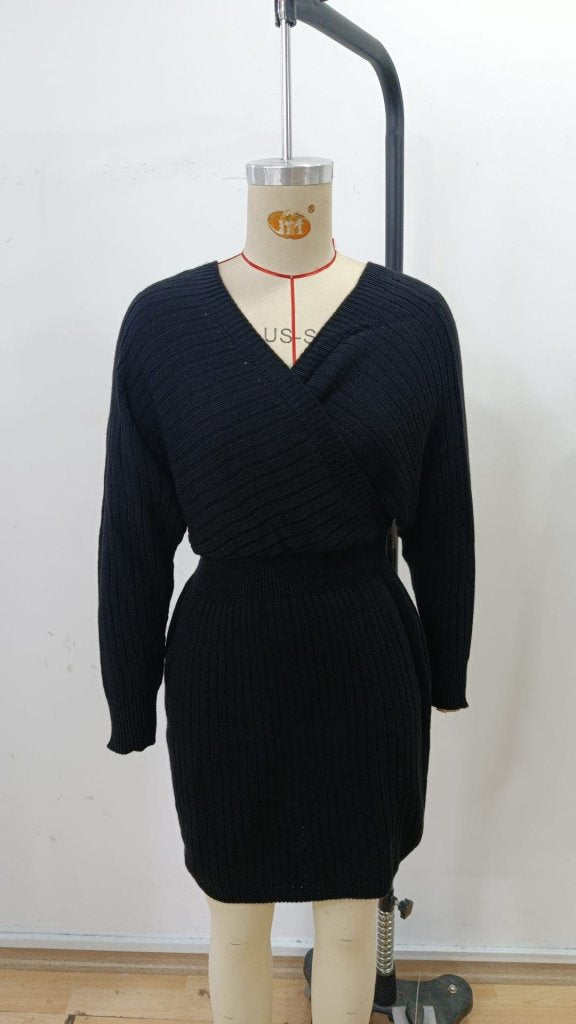 Rochie mini tricotată pentru femei, cu mânecă lungă, înfășurată în jurul gâtului și decolteu larg, 30303