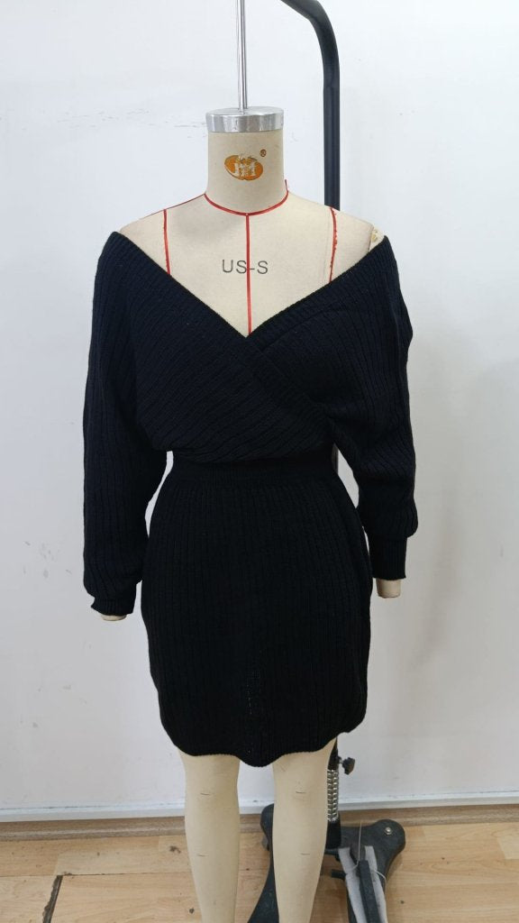 Rochie mini tricotată pentru femei, cu mânecă lungă, înfășurată în jurul gâtului și decolteu larg, 30303