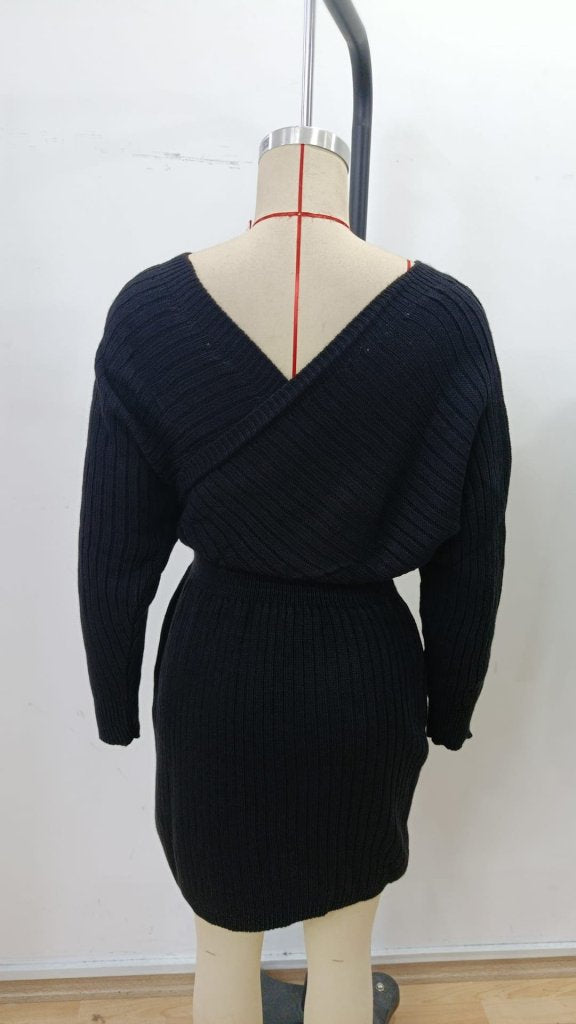 Rochie mini tricotată pentru femei, cu mânecă lungă, înfășurată în jurul gâtului și decolteu larg, 30303