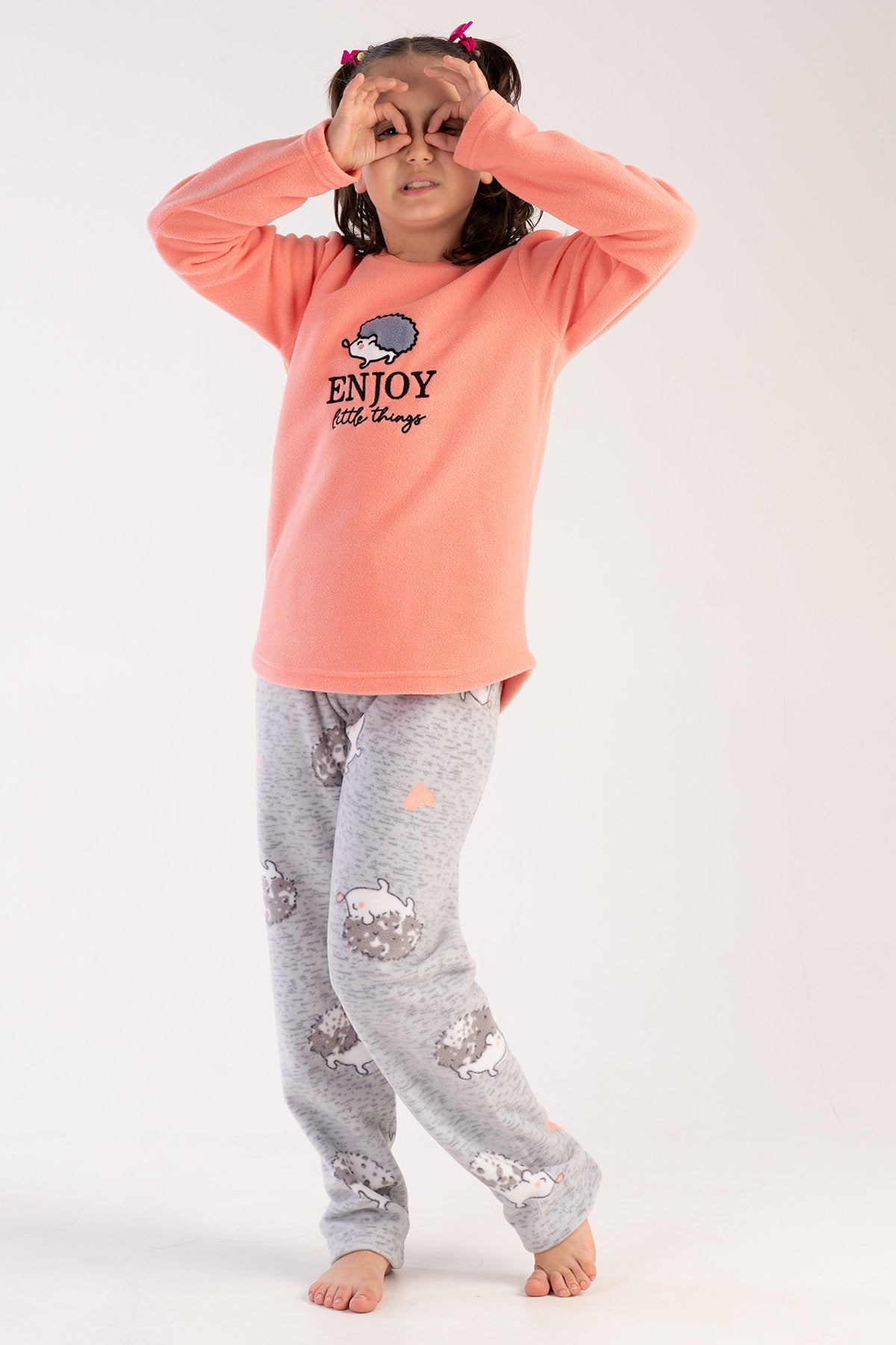 SET PIJAMA FETE, GULER CU GÂT ROTUND, MÂNECĂ LUNGĂ, TIV OVAL (7-8/13-14) - PIERSICĂ