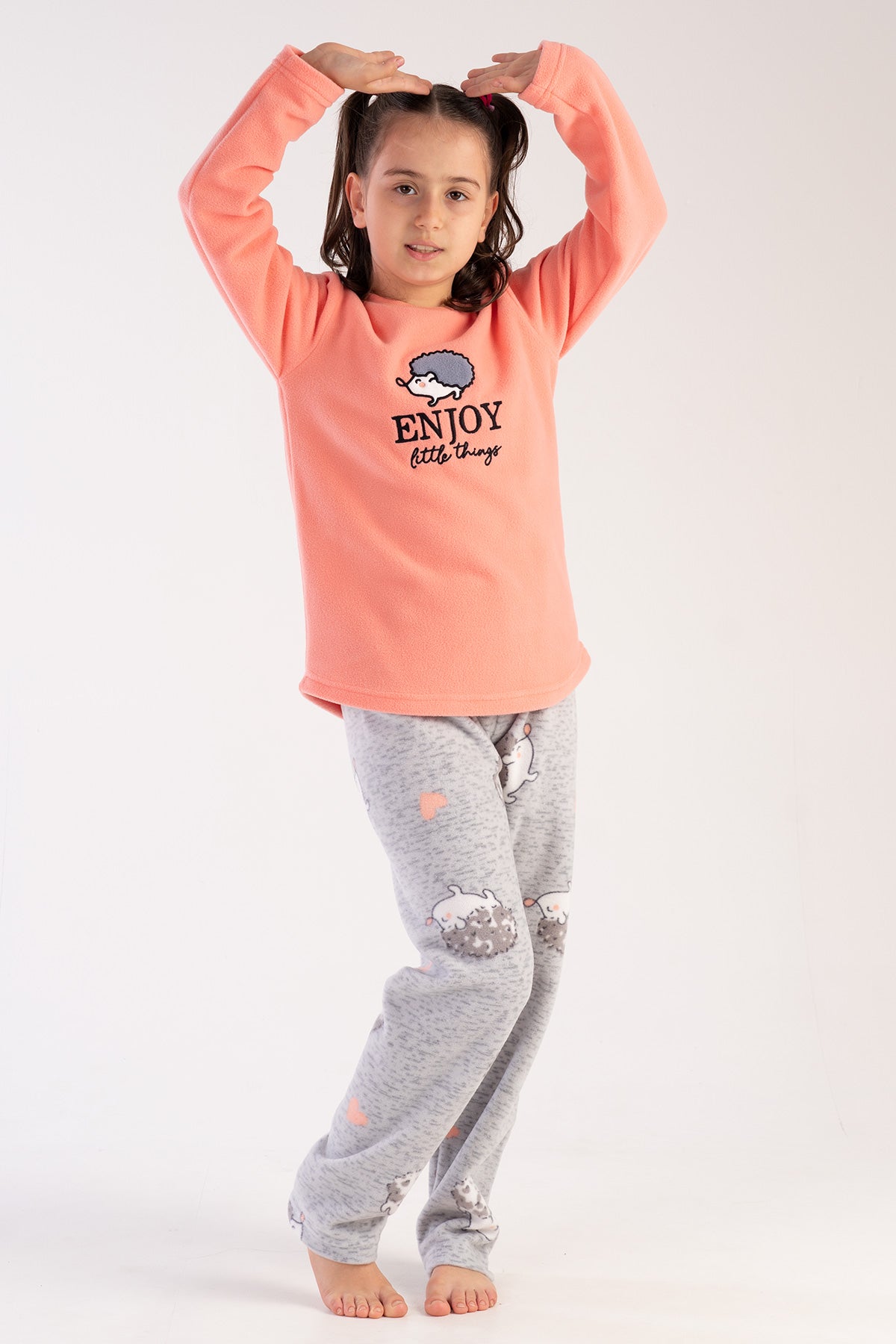 SET PIJAMA FETE, GULER CU GÂT ROTUND, MÂNECĂ LUNGĂ, TIV OVAL (7-8/13-14) - PIERSICĂ