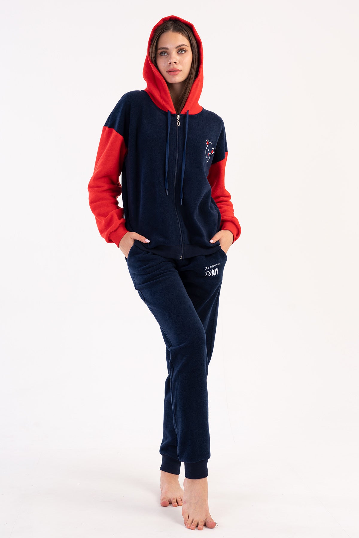 Pijama dama, fleece, cu gluga, fermoar, maneca lunga, buzunare si mansete - Bleumarin