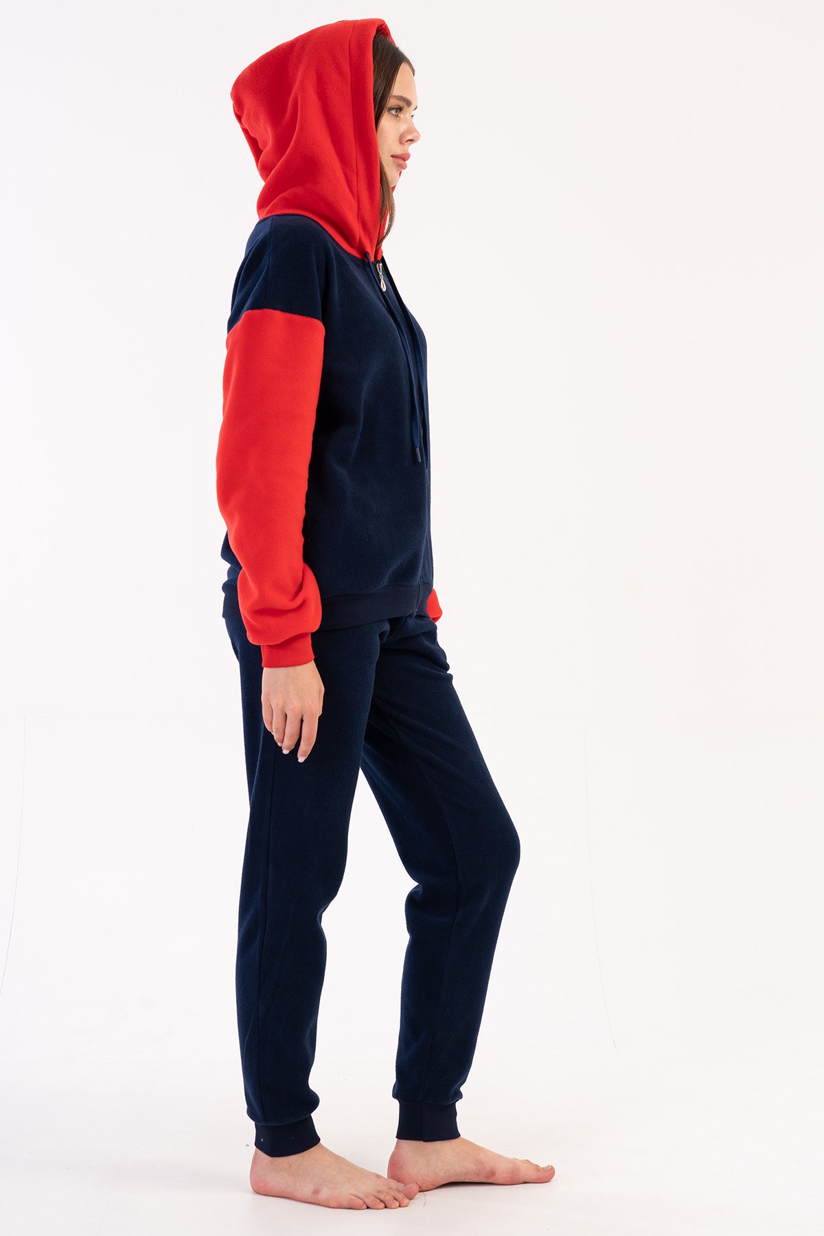 Pijama dama, fleece, cu gluga, fermoar, maneca lunga, buzunare si mansete - Bleumarin