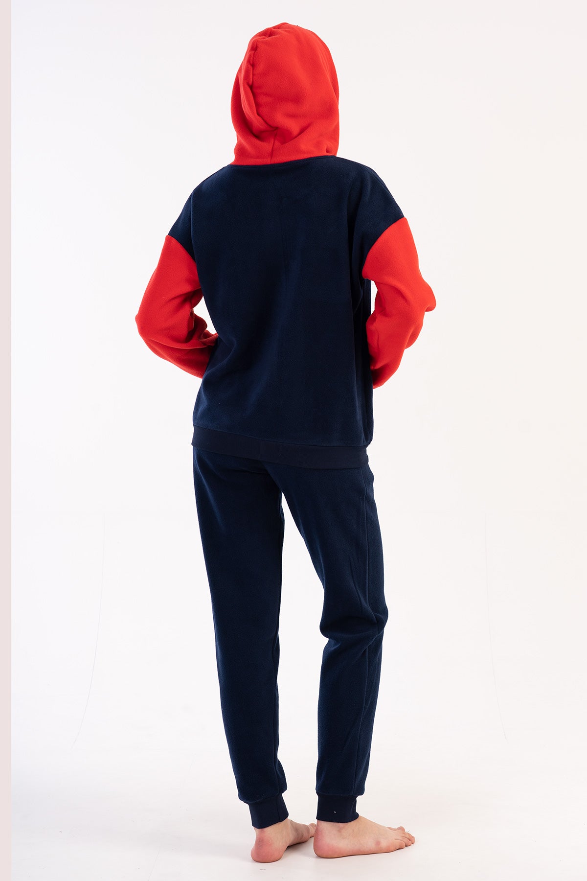 Pijama dama, fleece, cu gluga, fermoar, maneca lunga, buzunare si mansete - Bleumarin