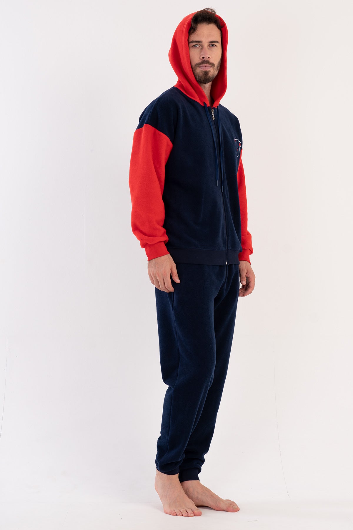 Pijama bărbați, polar, cu glugă, fermoar, mânecă lungă, buzunare și manșete - Bleumarin