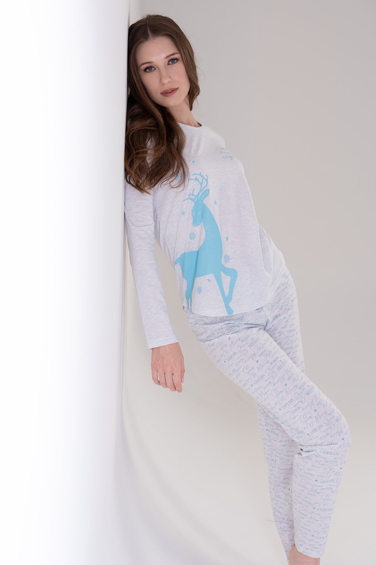 Set pijama oval cu fustă și mânecă lungă P.SUPREM pentru femei - Gri melanj