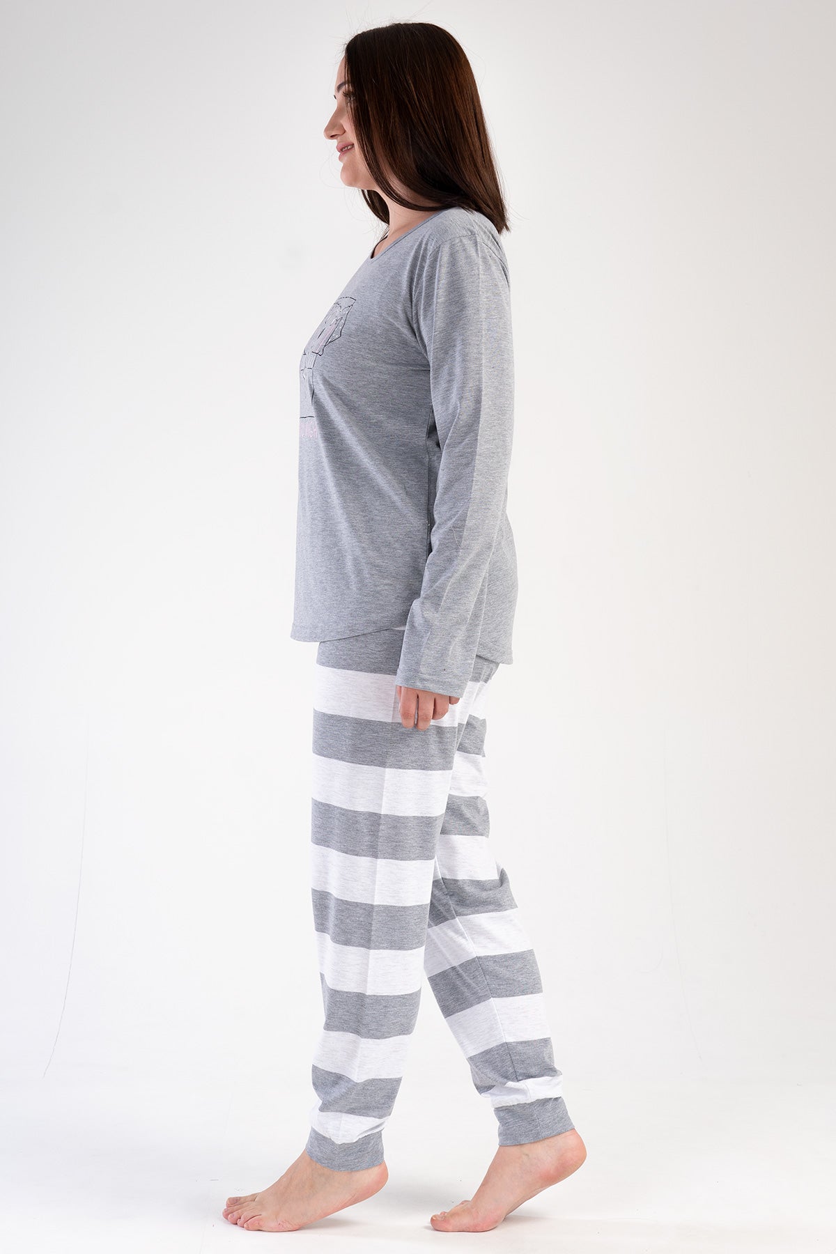 Set de pijamale pentru femei, gât rotund, mânecă lungă, tiv oval, manșete - GRI MELANGE