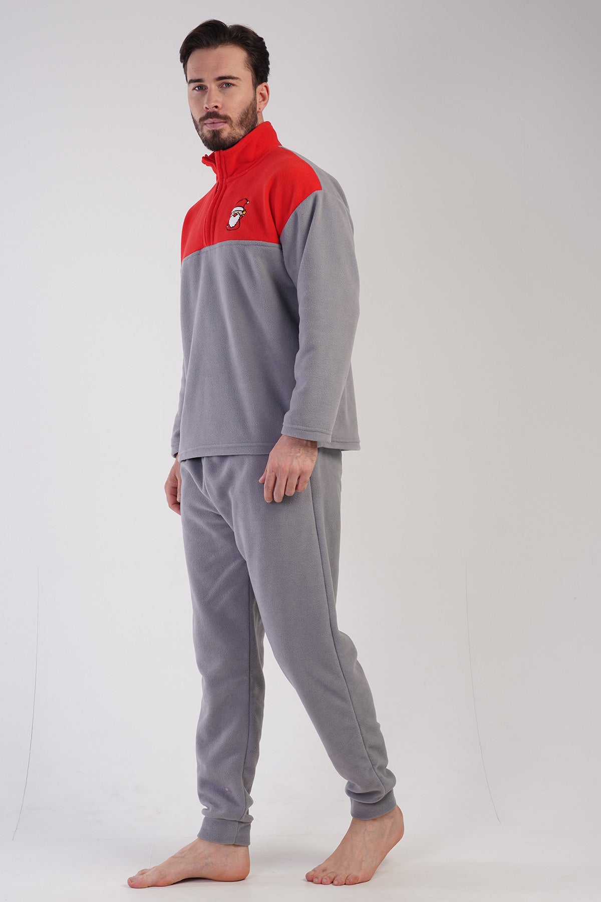 Cepli Erkek Polar Yakalı Düşük Omuzlu Uzun Kol Fermuarlı Manşetli Cepli Pijama Takım - Gri