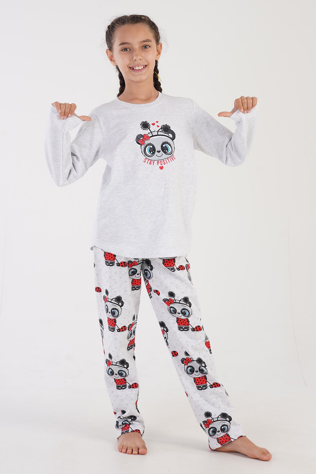 Pijama de fată, din două piese, gât rotund, mâneci lungi, cu tiv oval (9-10/15-16) - GRI MELANJ