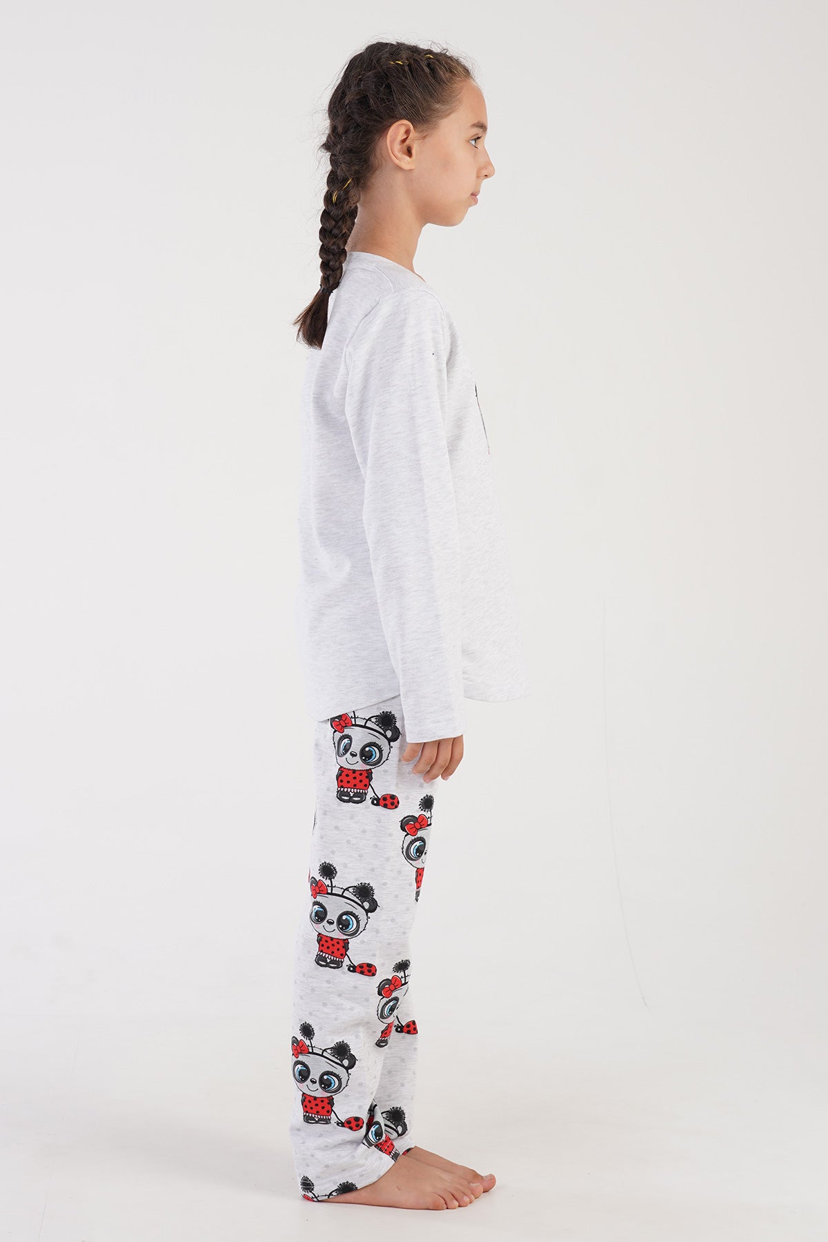 Pijama de fată, din două piese, gât rotund, mâneci lungi, cu tiv oval (9-10/15-16) - GRI MELANJ