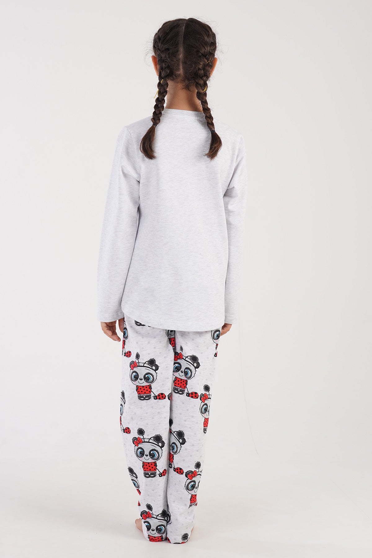 Pijama de fată, din două piese, gât rotund, mâneci lungi, cu tiv oval (9-10/15-16) - GRI MELANJ