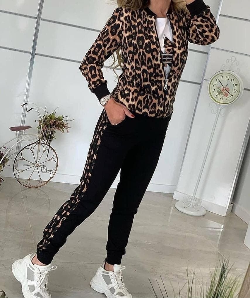 Set de două piese pentru femei, din viscoză, cu imprimeu leopard, bluză și pantaloni, cu mânecă lungă și fermoar frontal, 30363