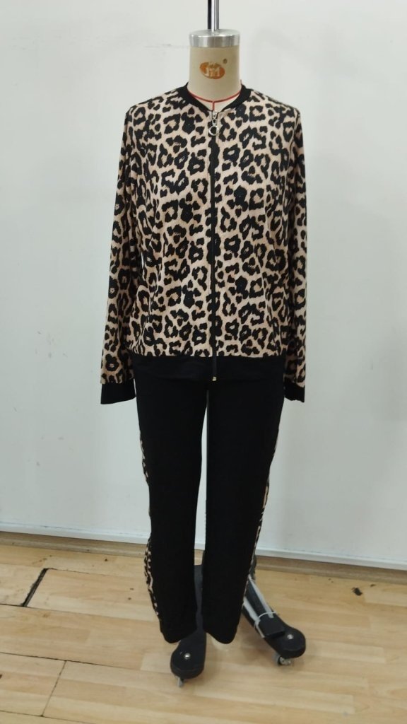 Set de două piese pentru femei, din viscoză, cu imprimeu leopard, bluză și pantaloni, cu mânecă lungă și fermoar frontal, 30363