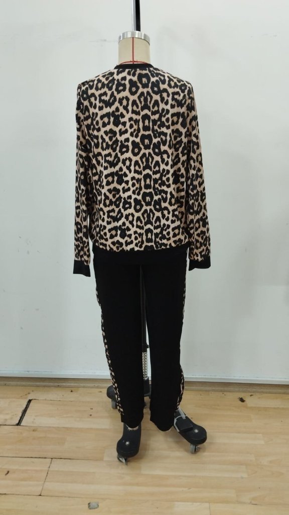 Set de două piese pentru femei, din viscoză, cu imprimeu leopard, bluză și pantaloni, cu mânecă lungă și fermoar frontal, 30363
