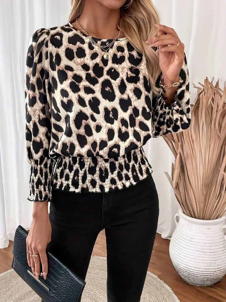 Women's Long Sleeve Crew Neck Leopard Print Modal Blouse, 30401