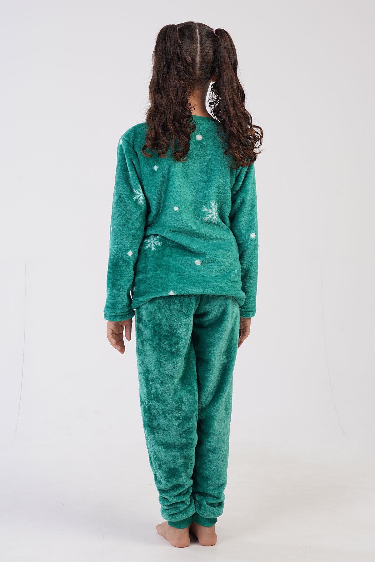 Pijama set pentru fete, moale, cu guler rotund, mâneci lungi, tiv oval și manșete (7-8/13-14) - VERDE