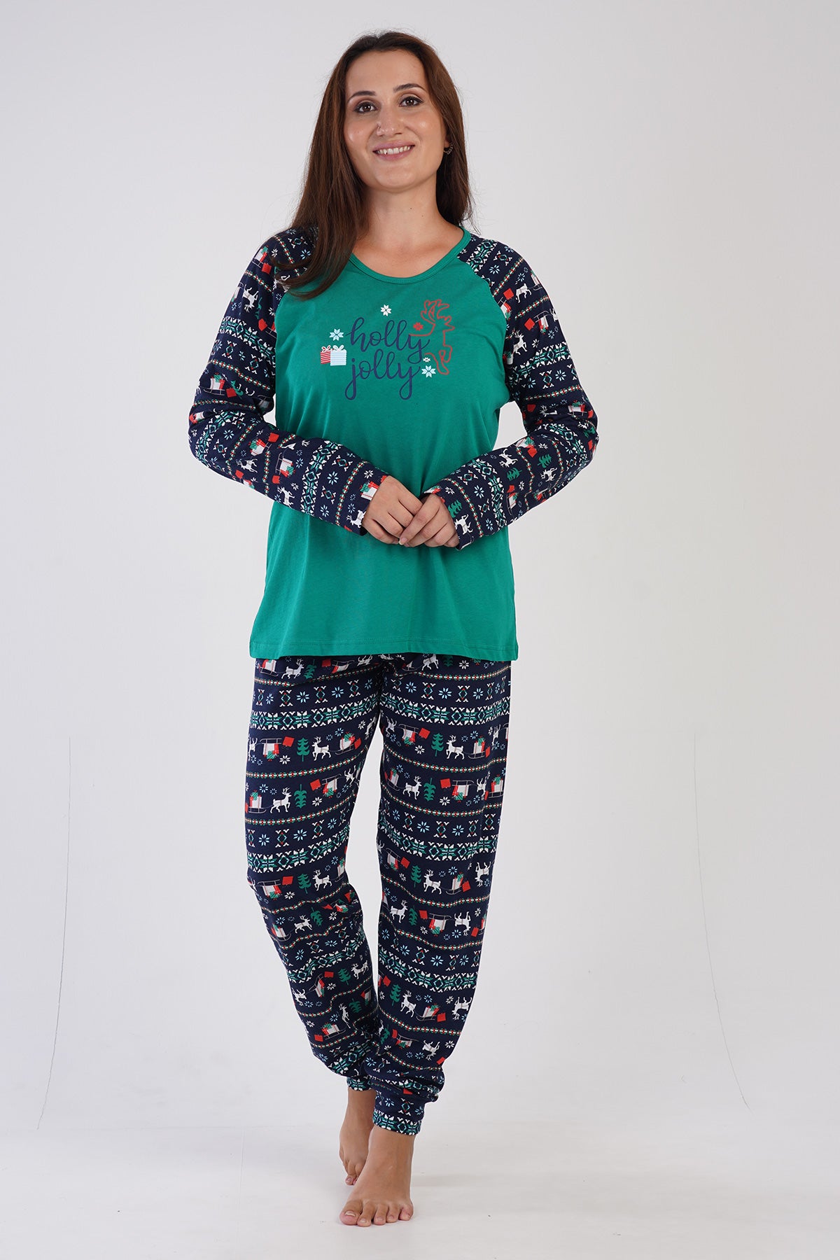 Kadın Penye Süprem Xxl O Yaka Reglan Uzun Kol Eteği Oval Manşetli Pijama Takım - Yeşil