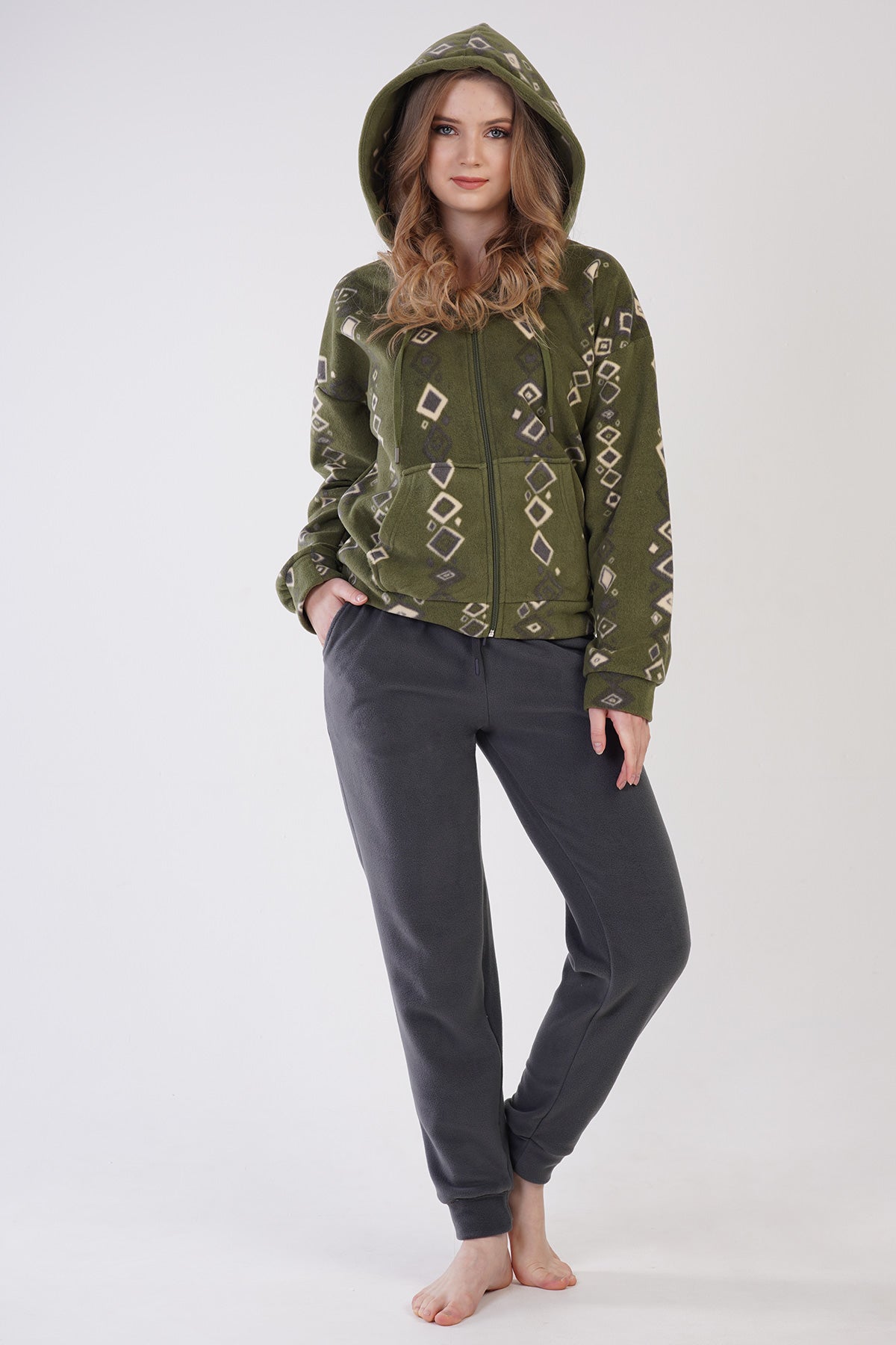 Set pijama de damă - Hanorac polar cu glugă, umeri căzuți, fermoar, mâneci lungi cu manșete și buzunare - Kaki