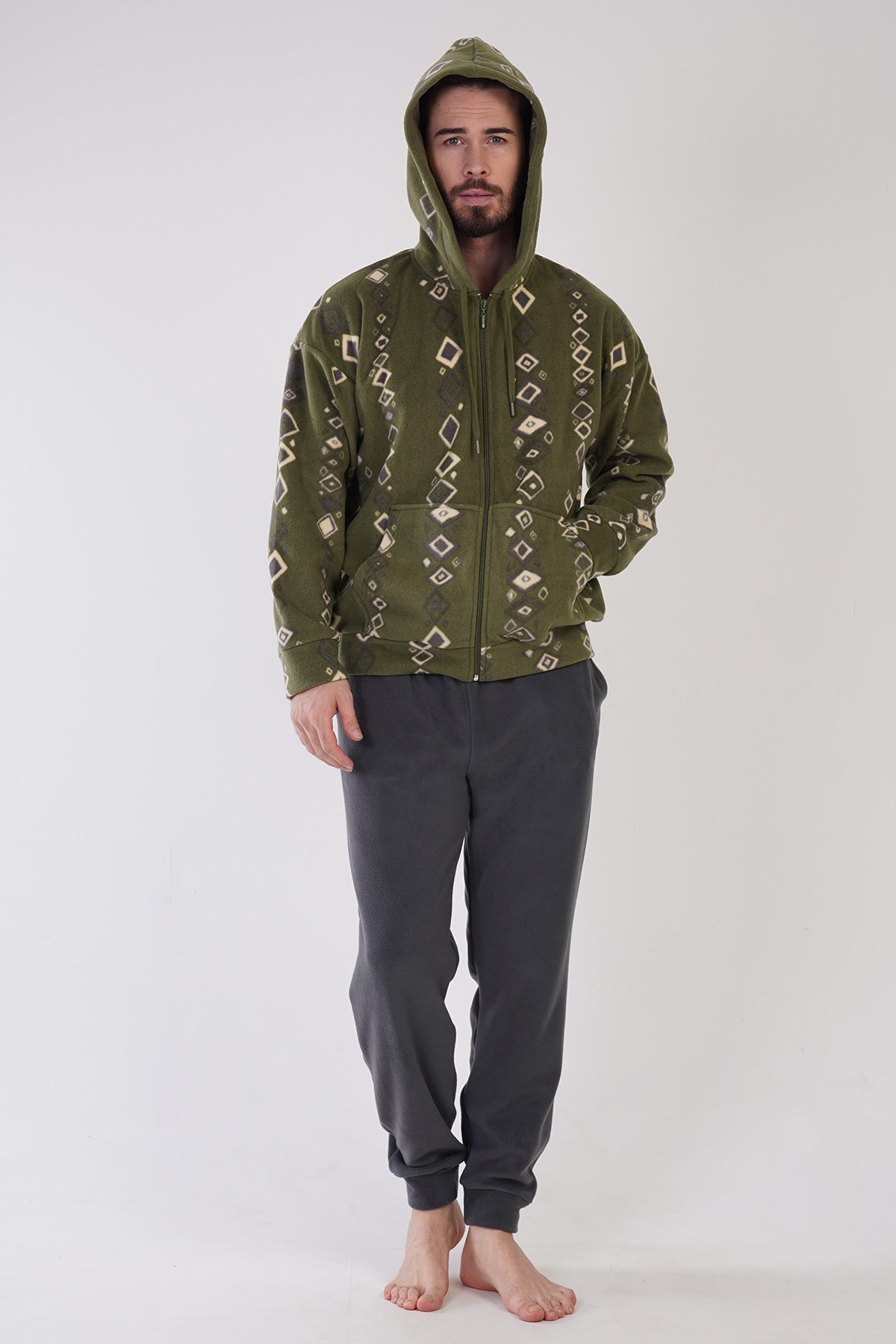 Set de pijamale pentru bărbați, din fleece, cu glugă, buzunare, umeri căzuți, fermoar, mânecă lungă cu manșete - Kaki