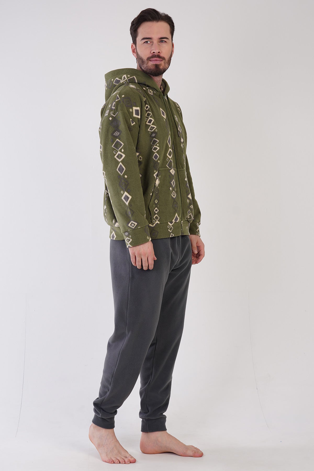 Set de pijamale pentru bărbați, din fleece, cu glugă, buzunare, umeri căzuți, fermoar, mânecă lungă cu manșete - Kaki