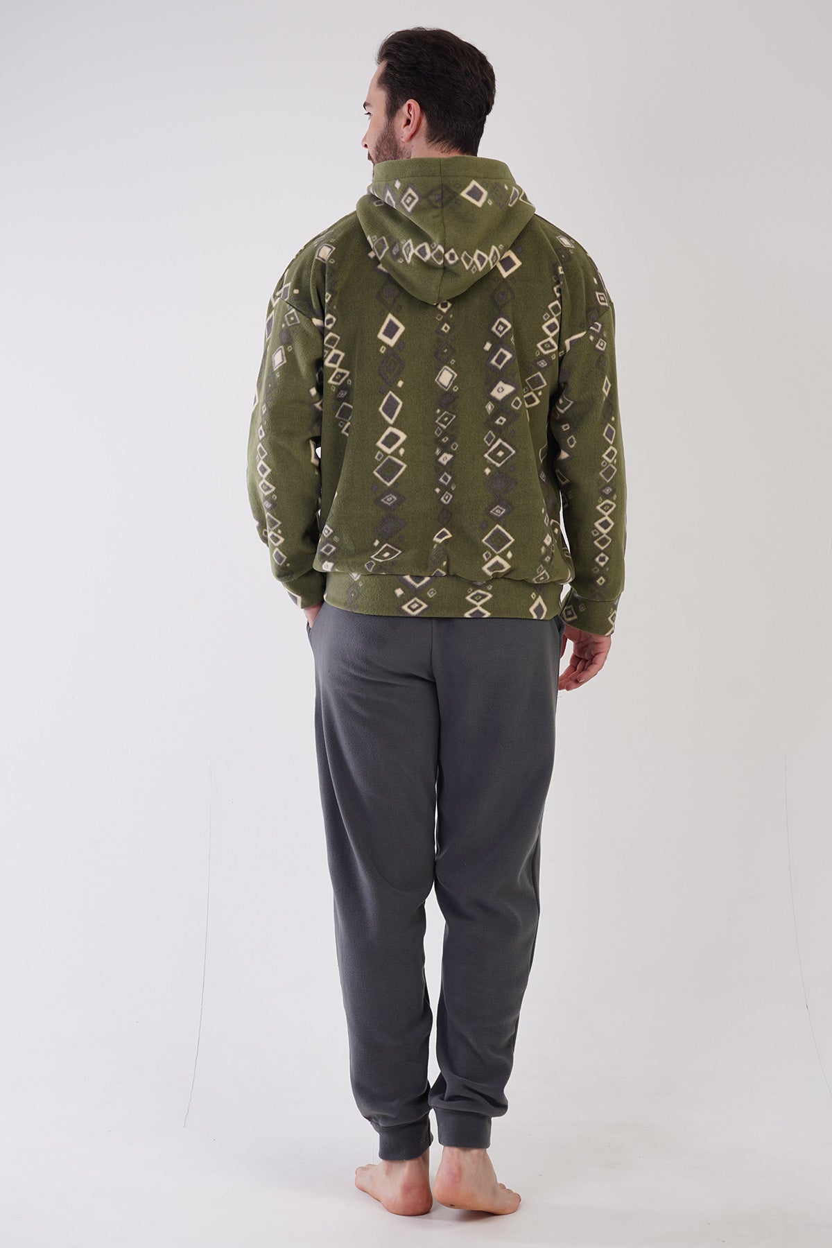 Set de pijamale pentru bărbați, din fleece, cu glugă, buzunare, umeri căzuți, fermoar, mânecă lungă cu manșete - Kaki