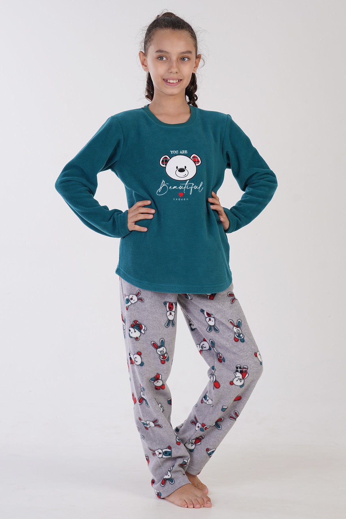 Pijama polar cu guler rotund, mânecă lungă și tiv oval pentru fete (9-10/15-16) – Petrol