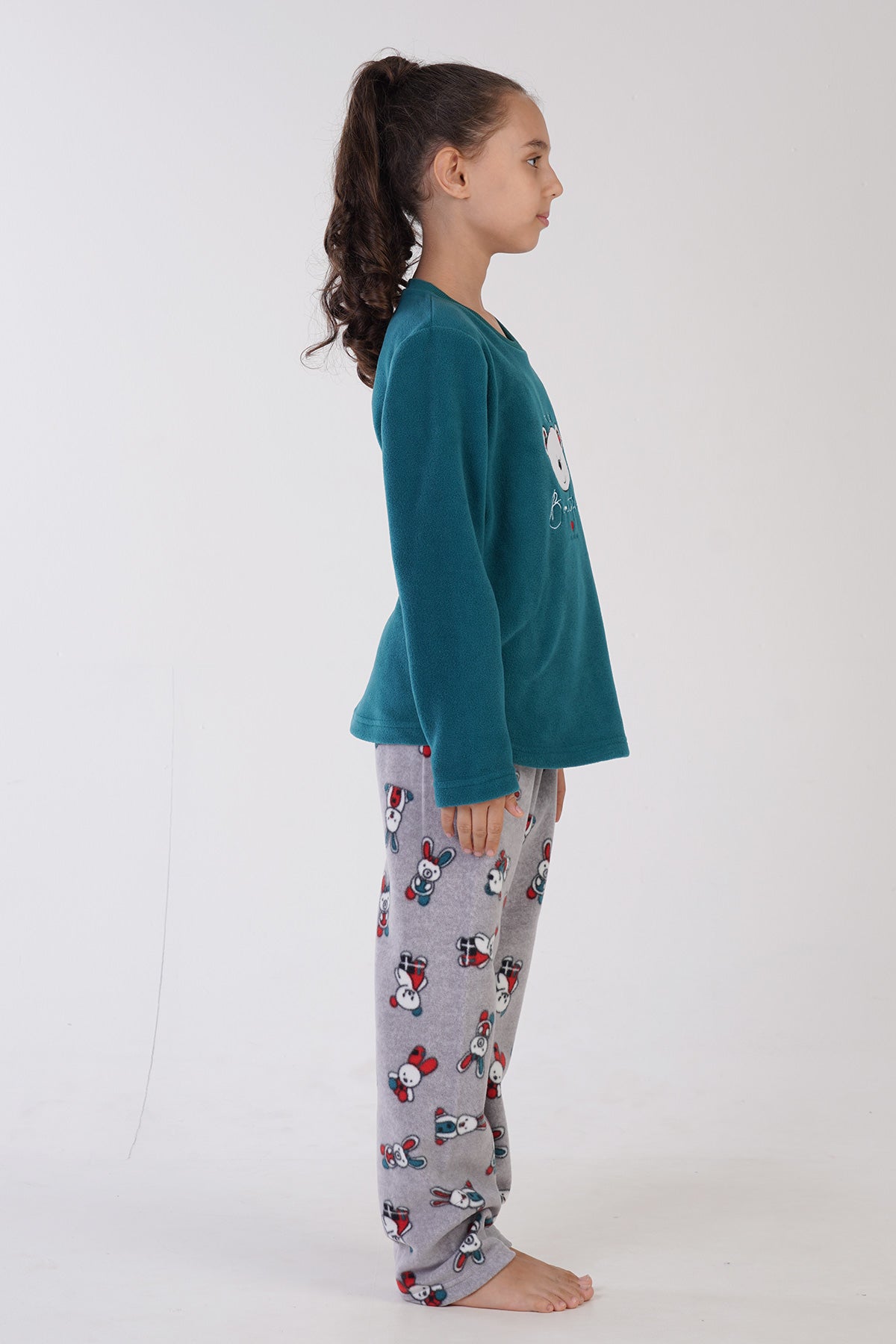 Pijama polar cu guler rotund, mânecă lungă și tiv oval pentru fete (9-10/15-16) – Petrol