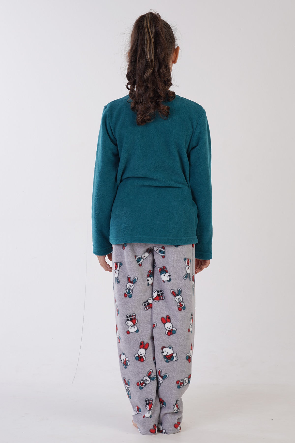 Pijama polar cu guler rotund, mânecă lungă și tiv oval pentru fete (9-10/15-16) – Petrol