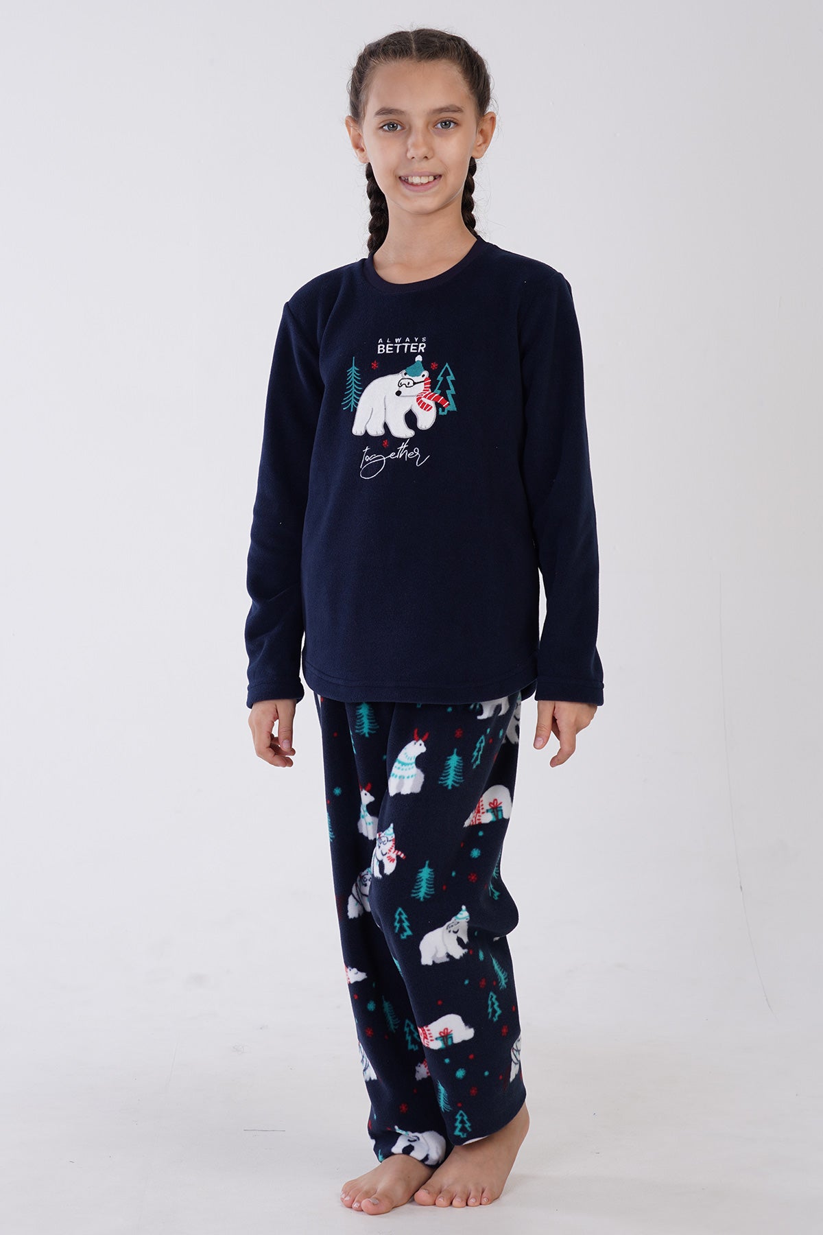 KIZ COCUK POLAR O YAKA UZUN KOL ETEGI OVAL PIJAMA TAKIM(9-10/15-16) - INDIGO