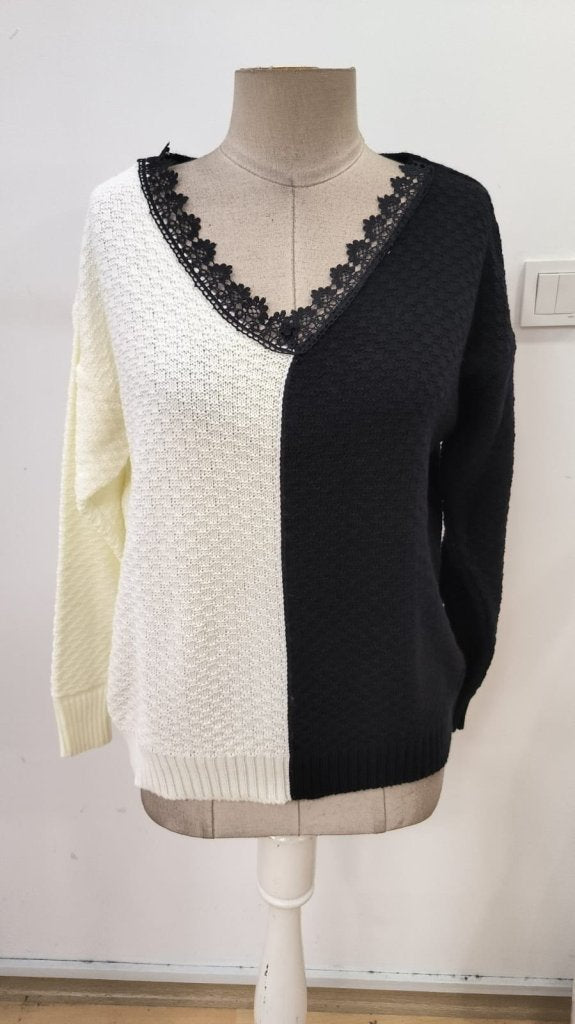 Bluză tricot cu mâneci lungi și guler în V, bicoloră, 32330