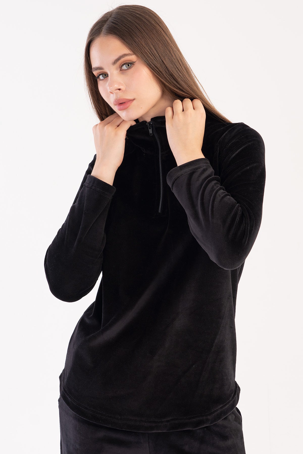 Set pijama din catifea pentru femei, cu guler, mâneci lungi, fermoar scurt și buzunare ovale – NEGRU