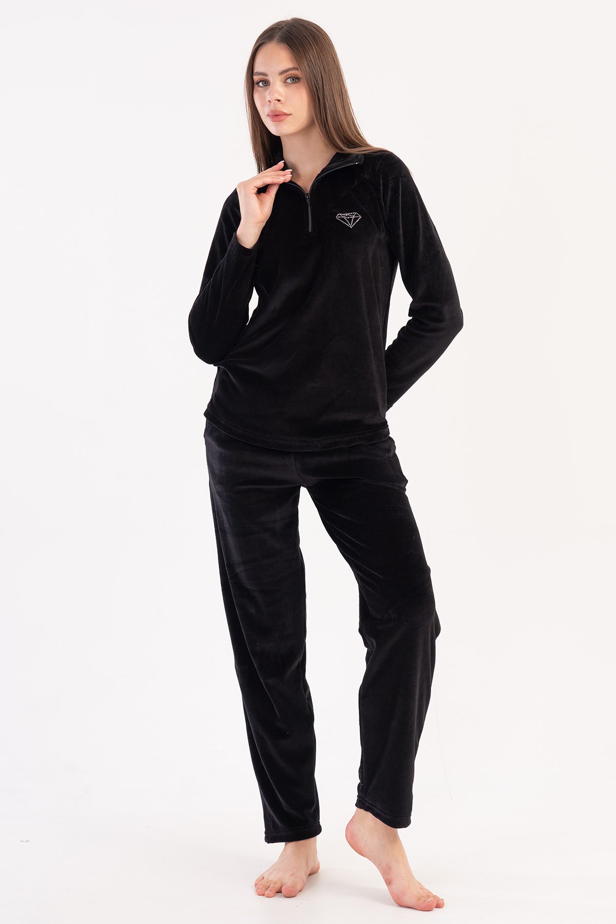 Set pijama din catifea pentru femei, cu guler, mâneci lungi, fermoar scurt și buzunare ovale – NEGRU