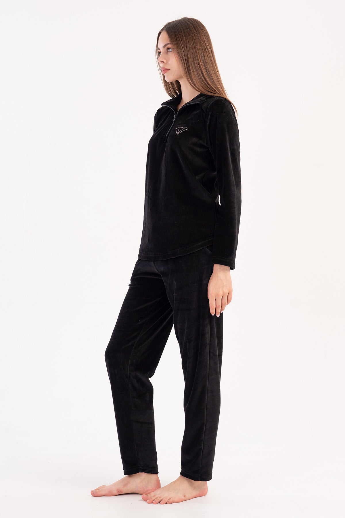 Set pijama din catifea pentru femei, cu guler, mâneci lungi, fermoar scurt și buzunare ovale – NEGRU