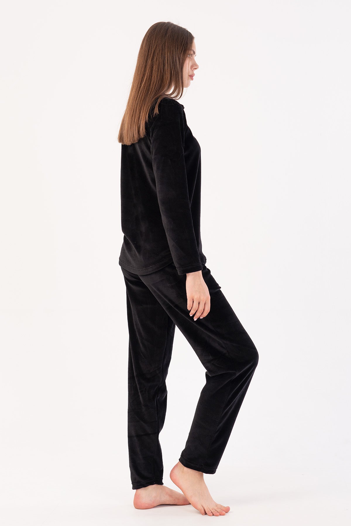 Set pijama din catifea pentru femei, cu guler, mâneci lungi, fermoar scurt și buzunare ovale – NEGRU