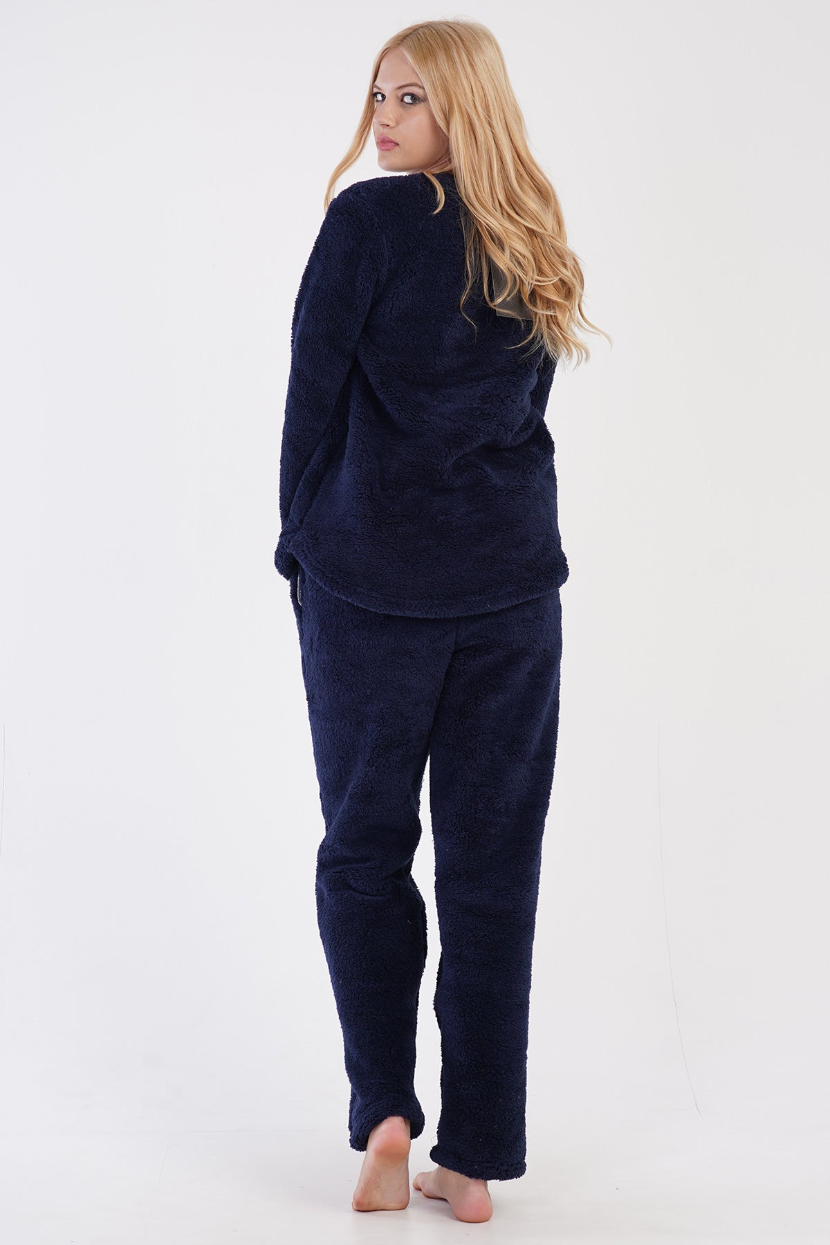 SET PIJAMA DE DAMĂ, CU GULER ROTUND, MÂNECĂ LUNGĂ, TIV ROTUNJIT ȘI BUZUNARE, DIN WELSOFT - BLEUMARIN ÎNCHIS
