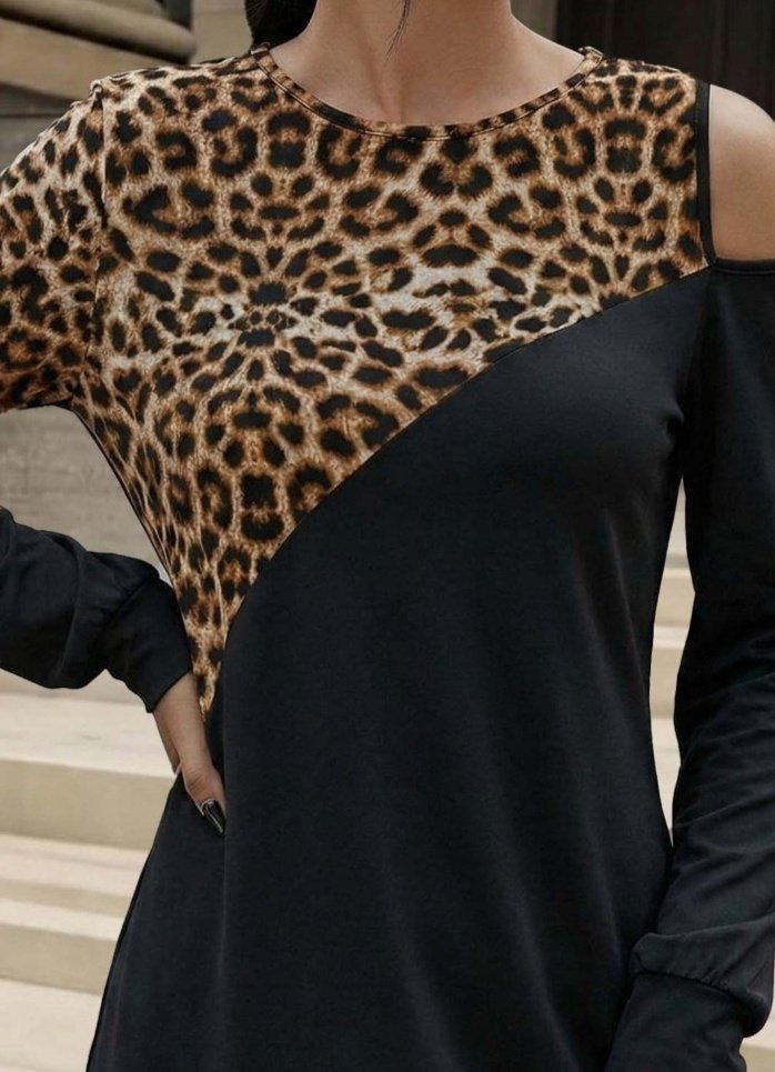 Rochie mini pentru femei, cu mânecă lungă, fără umeri, din viscoză, cu imprimeu leopard și două fire, 30700