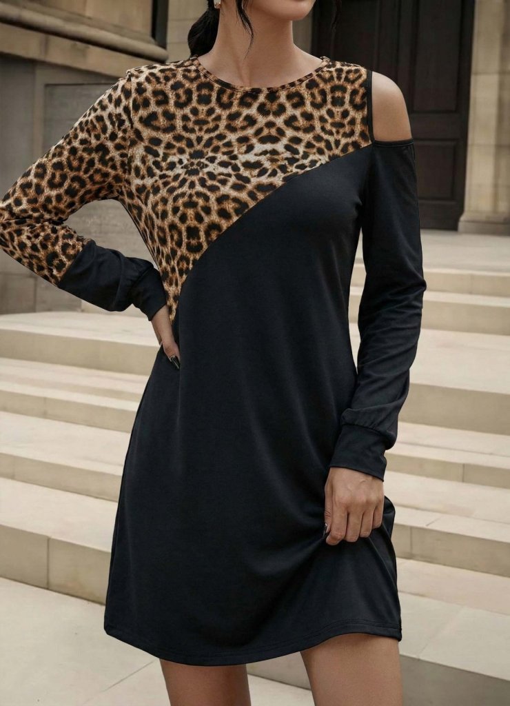 Rochie mini pentru femei, cu mânecă lungă, fără umeri, din viscoză, cu imprimeu leopard și două fire, 30700