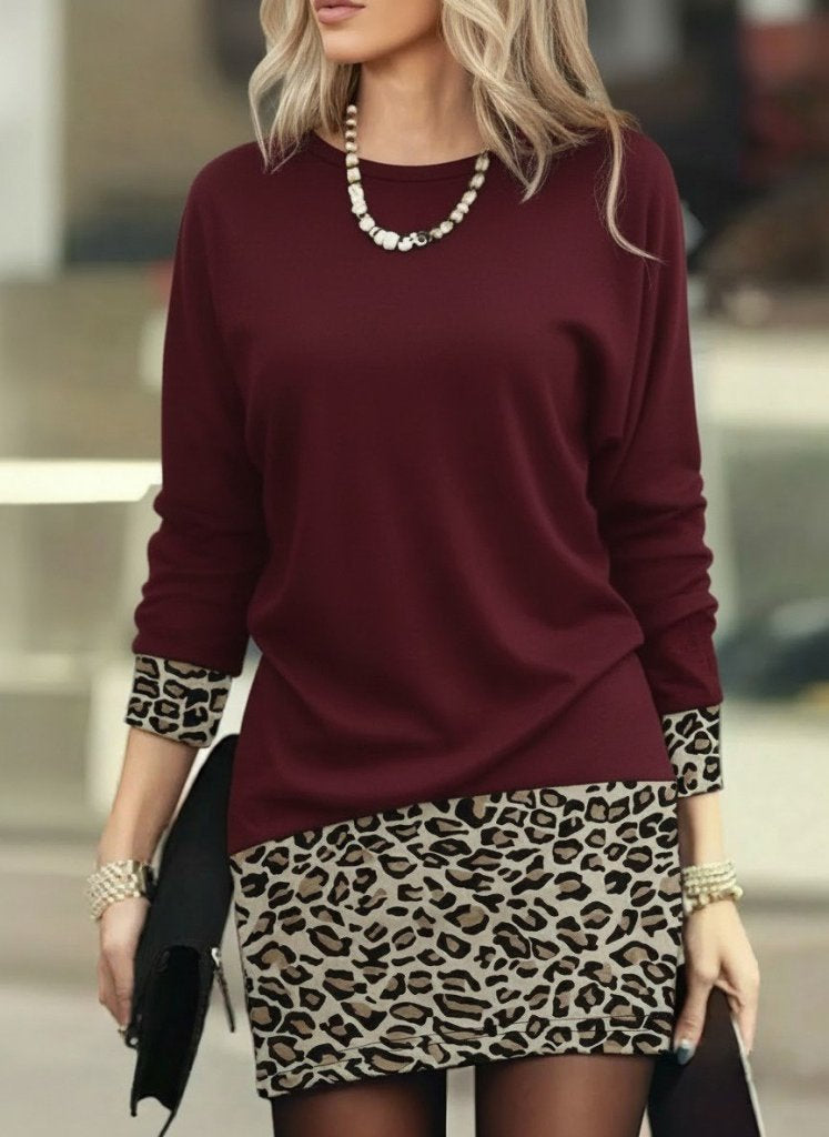 Rochie Mini Leopard cu Două Piese din Viscoză și Mâneci Lungi pentru Femei, 30771