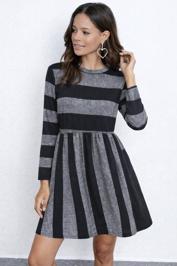 Rochie mini Supreme pentru femei, cu mânecă lungă, guler rotund și detalii cu dungi, 31808
