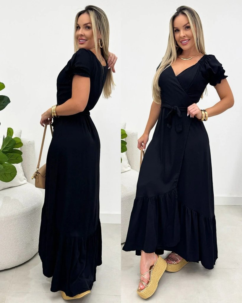 Rochie lungă tricotată cu mânecă scurtă pentru femei, cu detaliu înfășurat în față, 30952