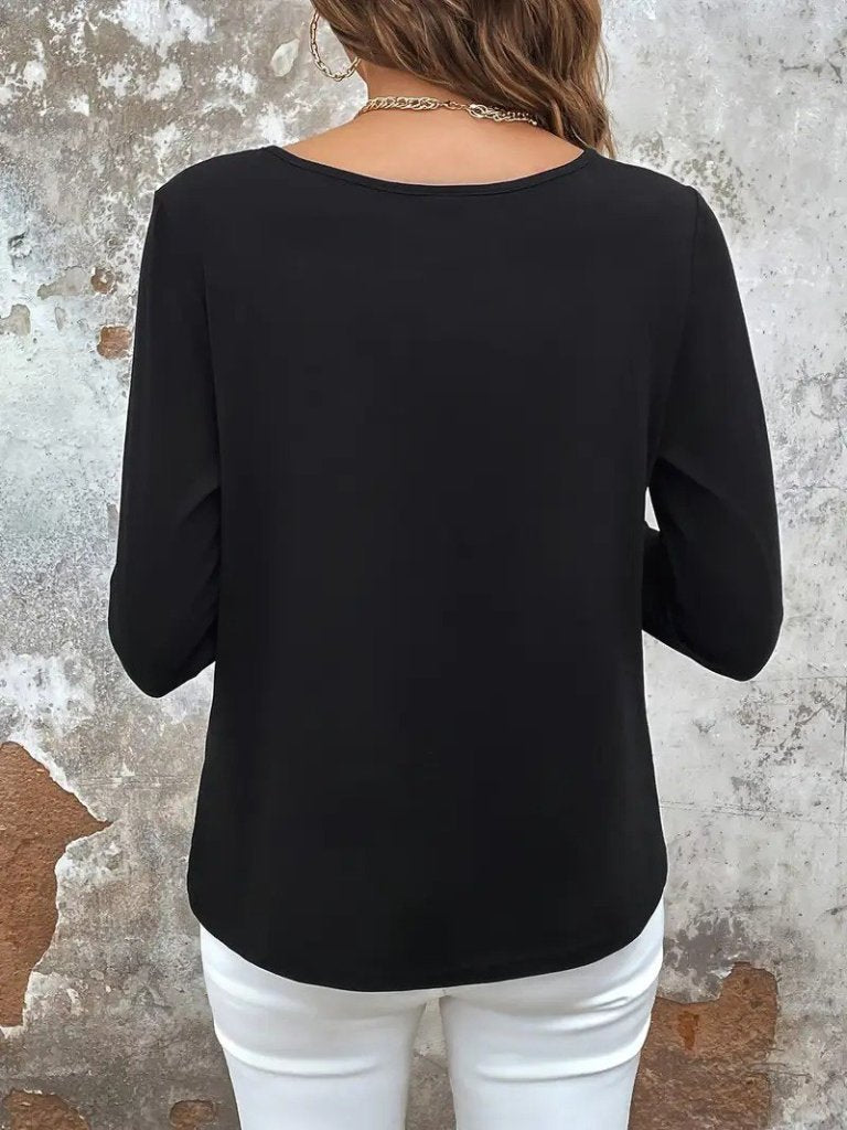 Bluză din vâscoză cu mâneci lungi, guler rotund, detaliu dantelă bicoloră, 30955