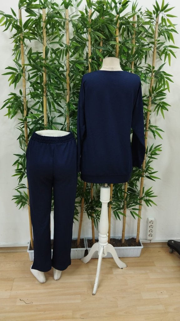 Set de două piese pentru femei, bluză cu mânecă lungă, guler rotund, din viscoză, țesătură double-face și pantaloni, 26775