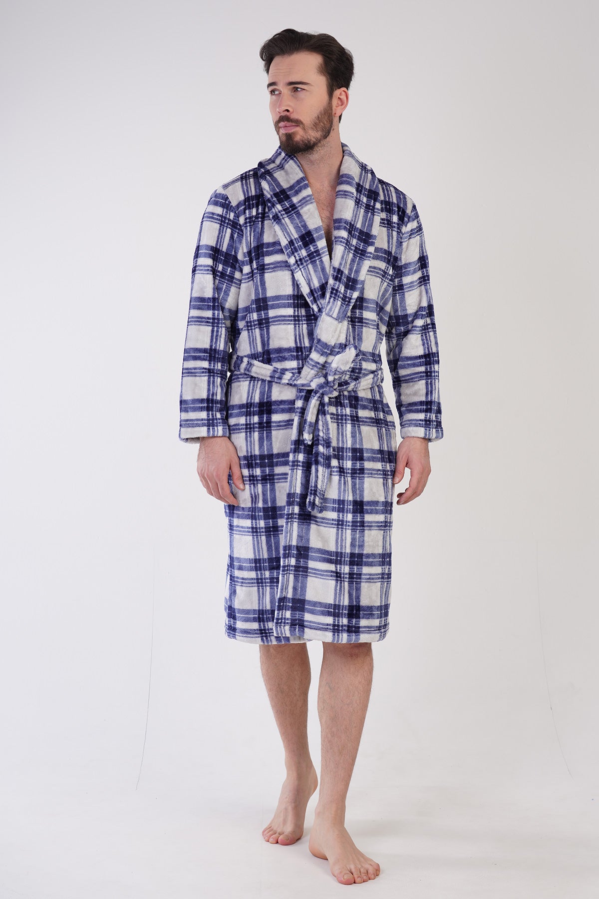 HALAT DE BAIE PENTRU BĂRBAȚI, CU GULER ȘAL, MÂNECĂ LUNGĂ ȘI BUZUNARE - INDIGO